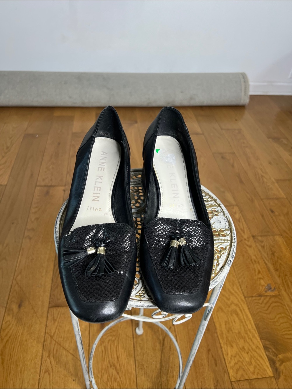 Anne Klein Black Tassel Loafers with Textured Vamp